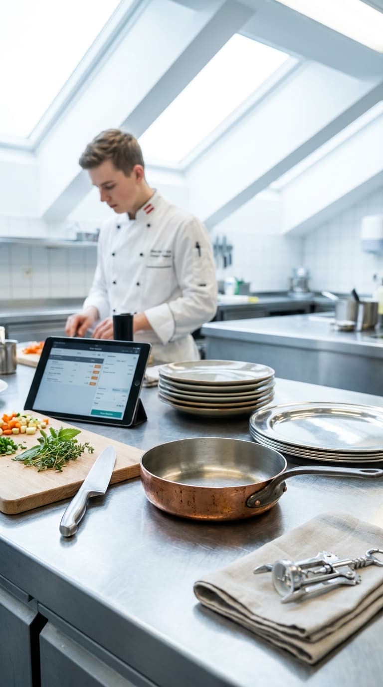Ein junger Koch arbeitet in einer hellen Küche hinter einer Arbeitsplatte mit Tablet, Kupferpfanne und Kräutern.