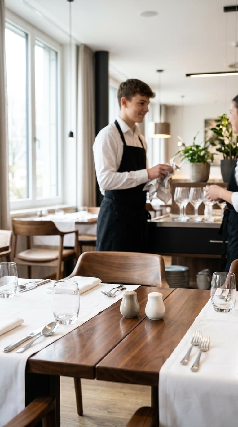 Ein Kellner poliert ein Glas im Hintergrund eines modern gedeckten Restauranttisches.