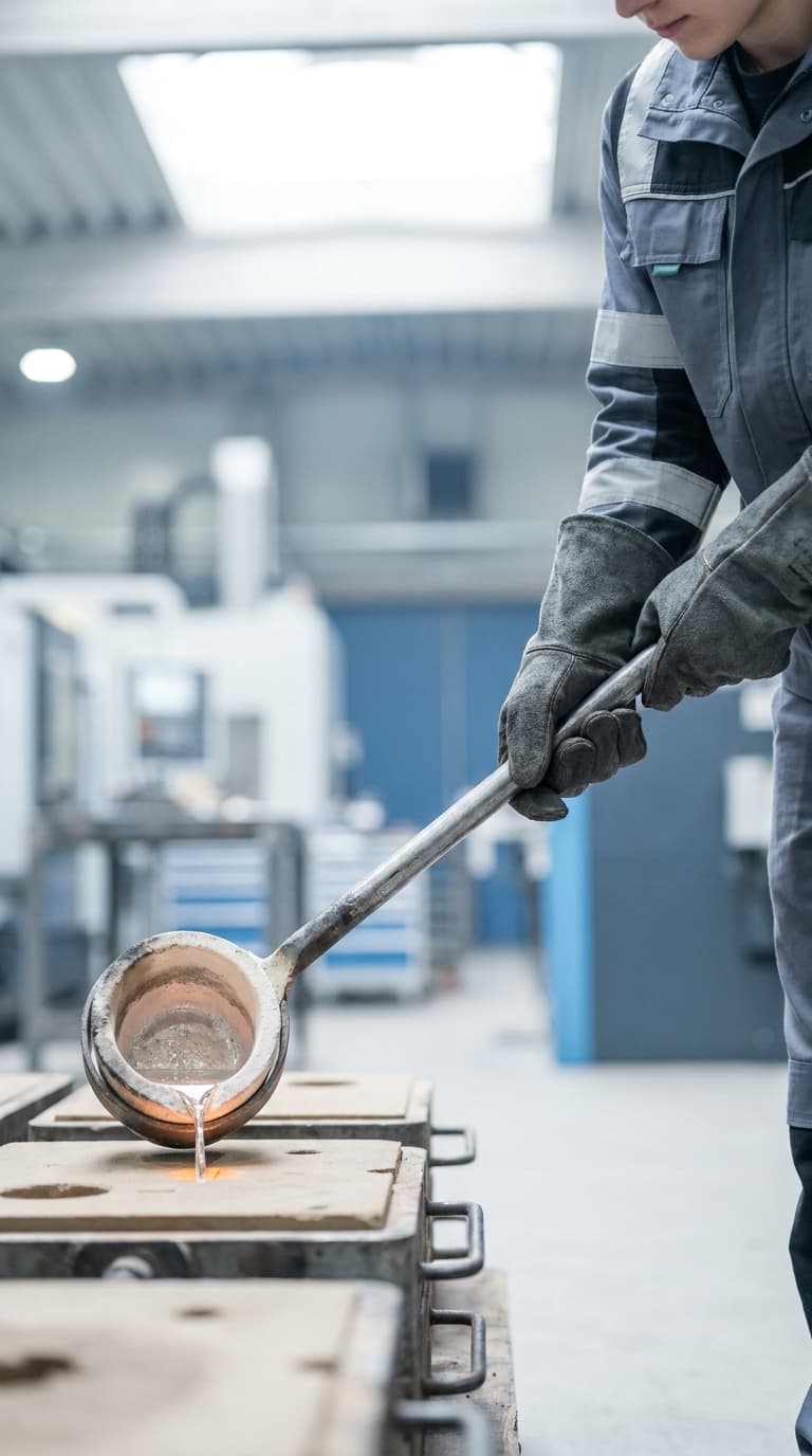 Ein Gießer in Schutzkleidung gießt flüssiges Metall mit einer Kelle in eine Gussform.