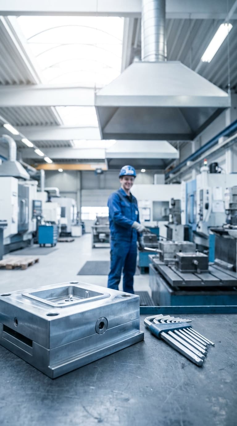 Ein Werkzeugmechaniker steht im Blaumann in einer Werkshalle, davor liegen ein Metallbauteil und Inbusschlüssel.