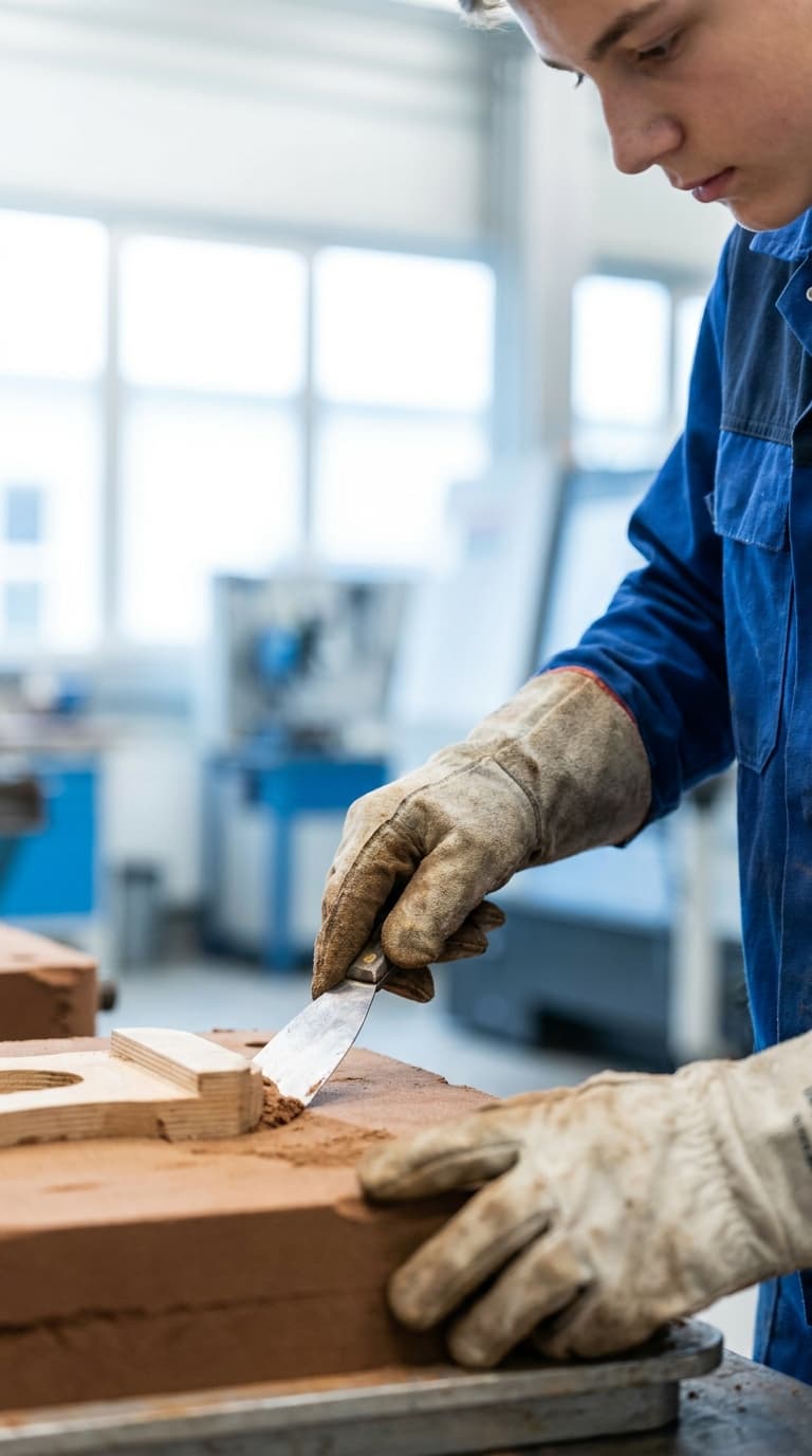 Ein Lehrling in Arbeitskleidung glättet mit einem Spatel eine Sandgussform in einer Werkstatt.