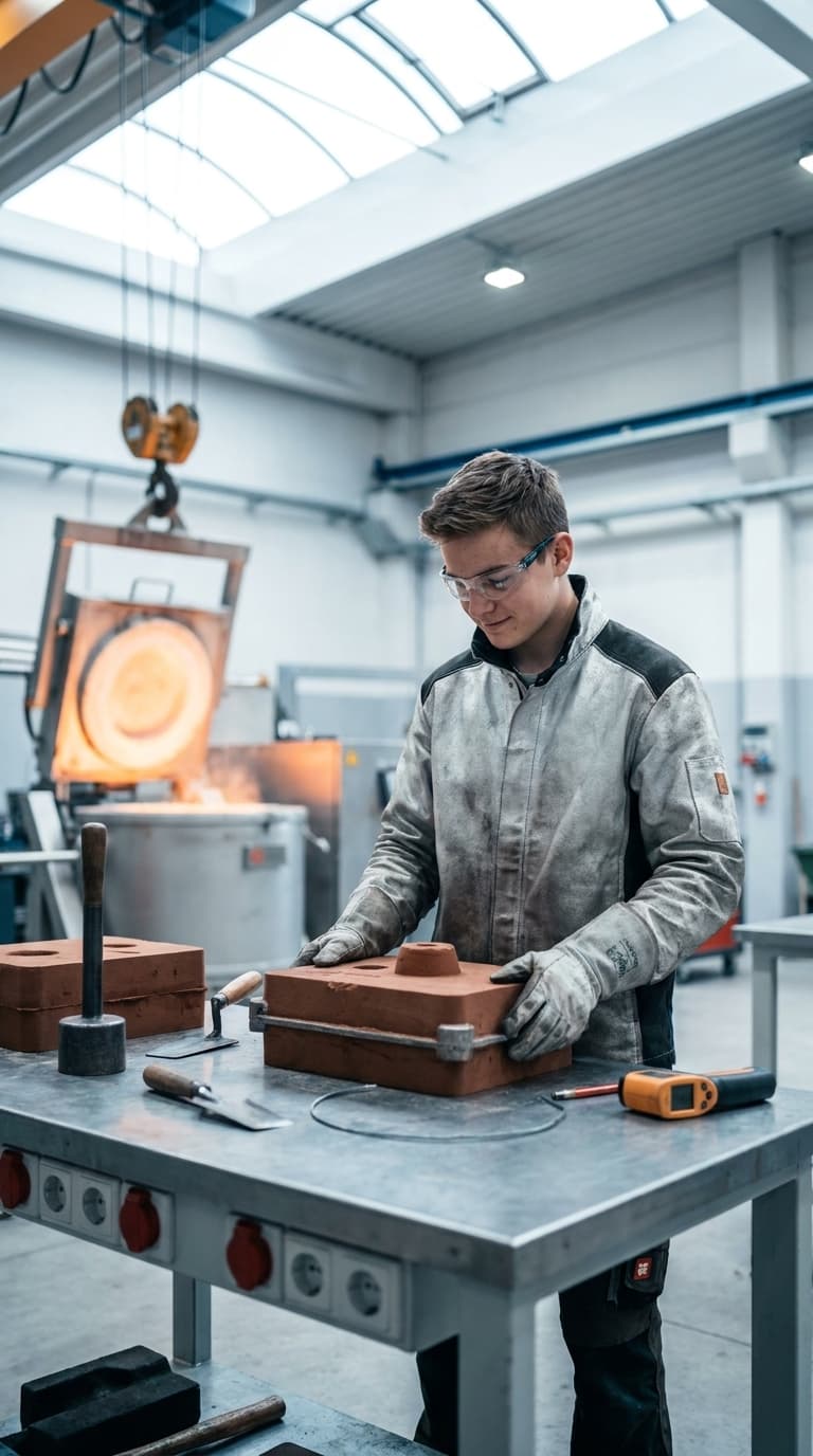 Ein Lehrling in Schutzkleidung arbeitet an einer Sandgussform, im Hintergrund glüht ein Schmelzofen.