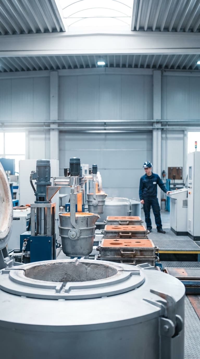 Ein Gießereimechaniker an einem Steuerpult überwacht den Guss von flüssigem Metall in einer Industriehalle.