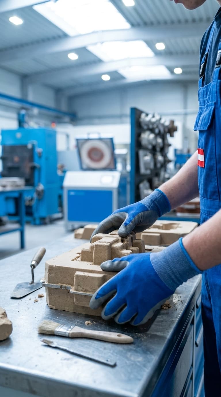 Ein Gießereimechaniker fügt eine Sandgussform auf einer Werkbank zusammen.
