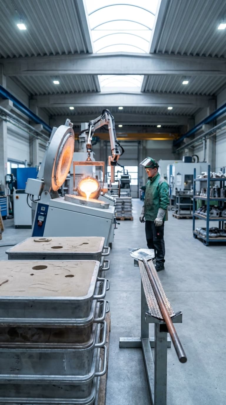 Ein Gießereimechaniker in Schutzkleidung überwacht das maschinelle Gießen von glühendem Metall in einer Fabrikhalle.