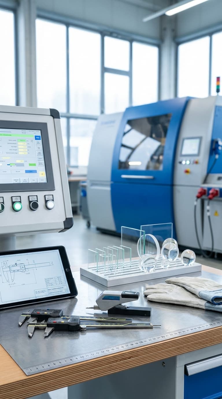 Messschieber, ein Tablet und optische Linsen auf einer Werkbank vor Industriemaschinen.