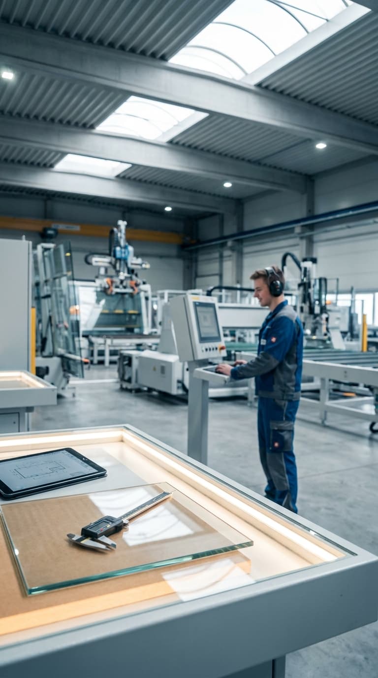 Ein Arbeiter bedient die Steuerung in einer Glasfabrik, vorne liegt ein Messschieber auf einer Glasscheibe.