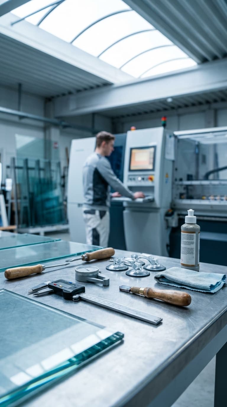 Glaser bedient Maschine im Hintergrund; im Vordergrund liegen Glasscheiben, Glasschneider und ein Messschieber.