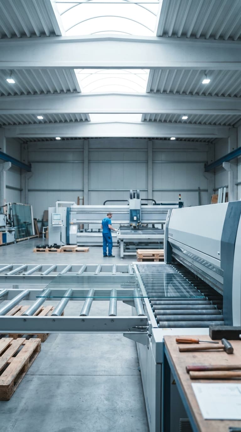 Ein Arbeiter bedient eine Maschine in einer Glasfabrik, im Vordergrund liegt eine Glasscheibe auf einer Rollenbahn.