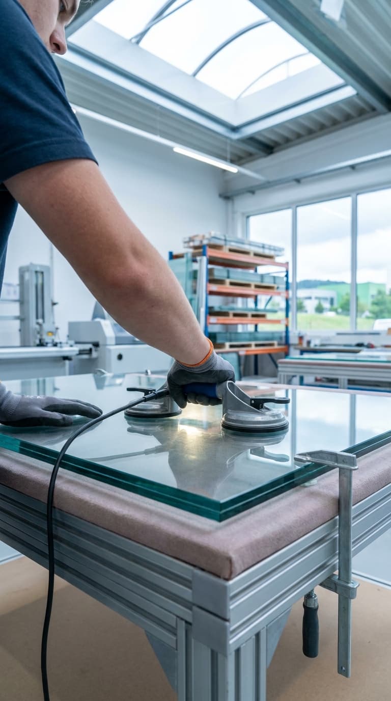 Ein Glaser setzt mit einem Saugheber eine große Glasscheibe auf einen Arbeitstisch in einer Werkstatt.