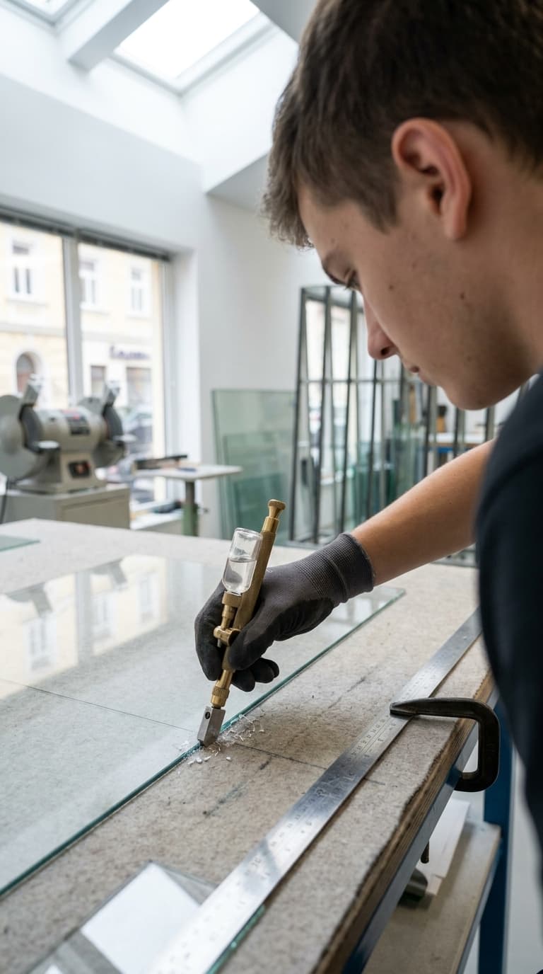 Ein Lehrling schneidet in einer Werkstatt mit einem Glasschneider und einem Metalllineal eine Glasscheibe zu.