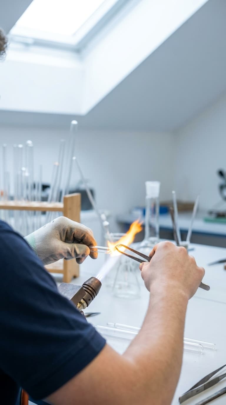 Ein Glasbläser erhitzt ein Glasrohr mit einem Brenner und verformt es mit einer Pinzette.