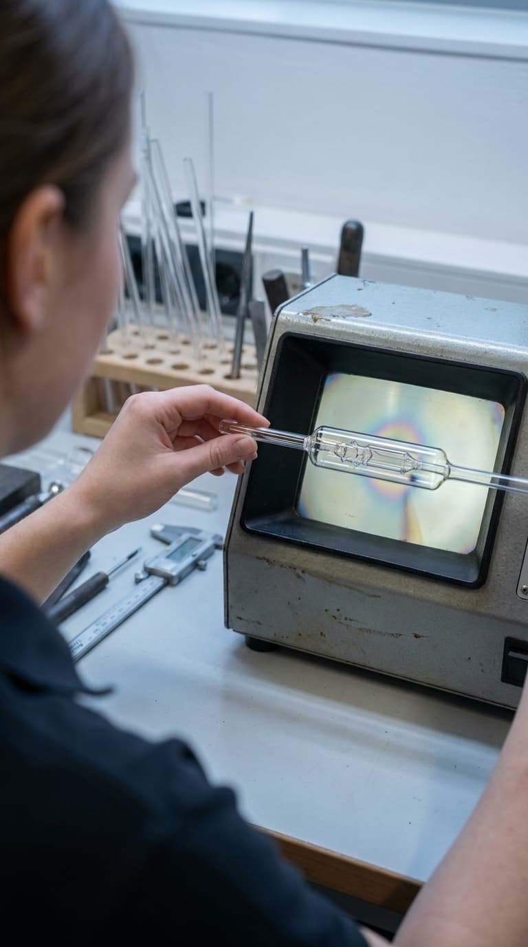Eine Glasapparatebauerin prüft ein gläsernes Bauteil an einem Polariskop auf Spannungen.