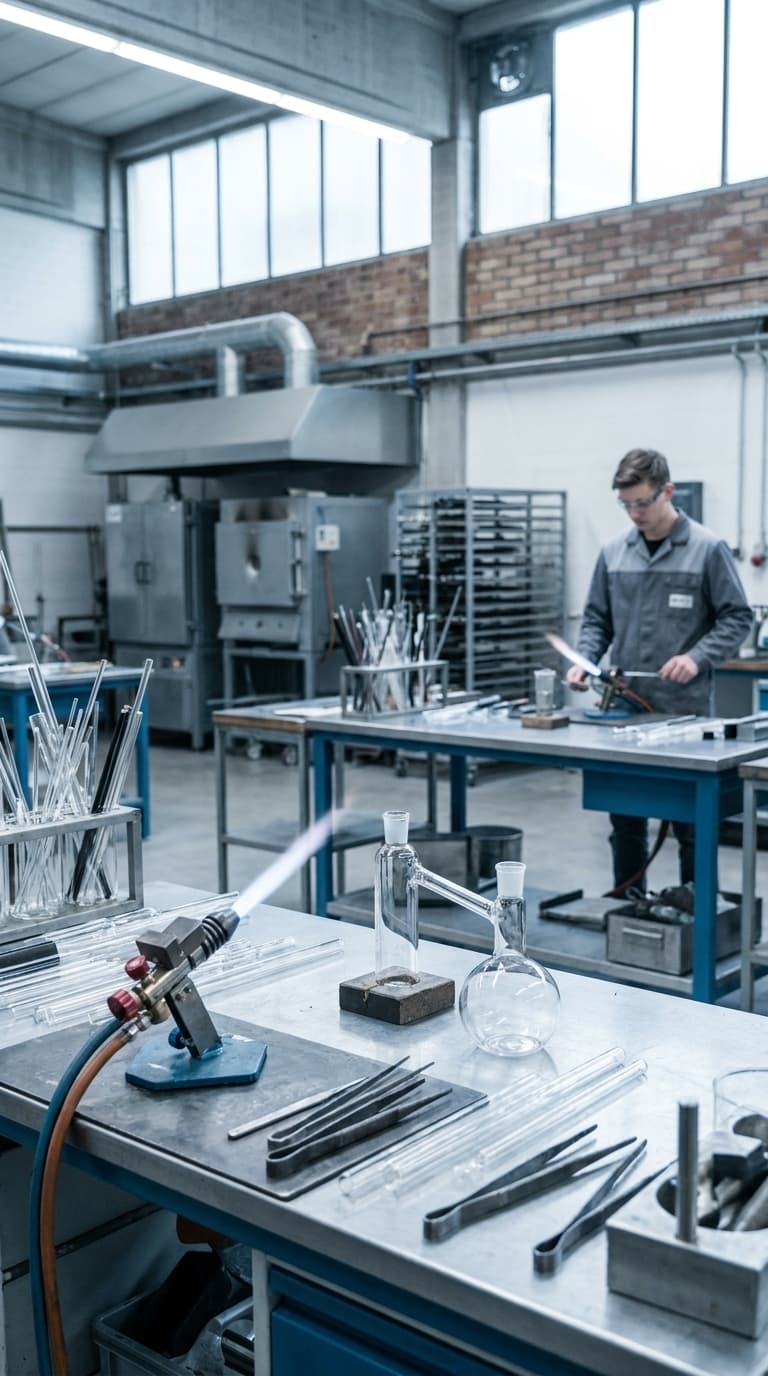 Ein Glasapparatebauer bearbeitet ein Glasrohr mit einem Gasbrenner in einer Werkstatt.
