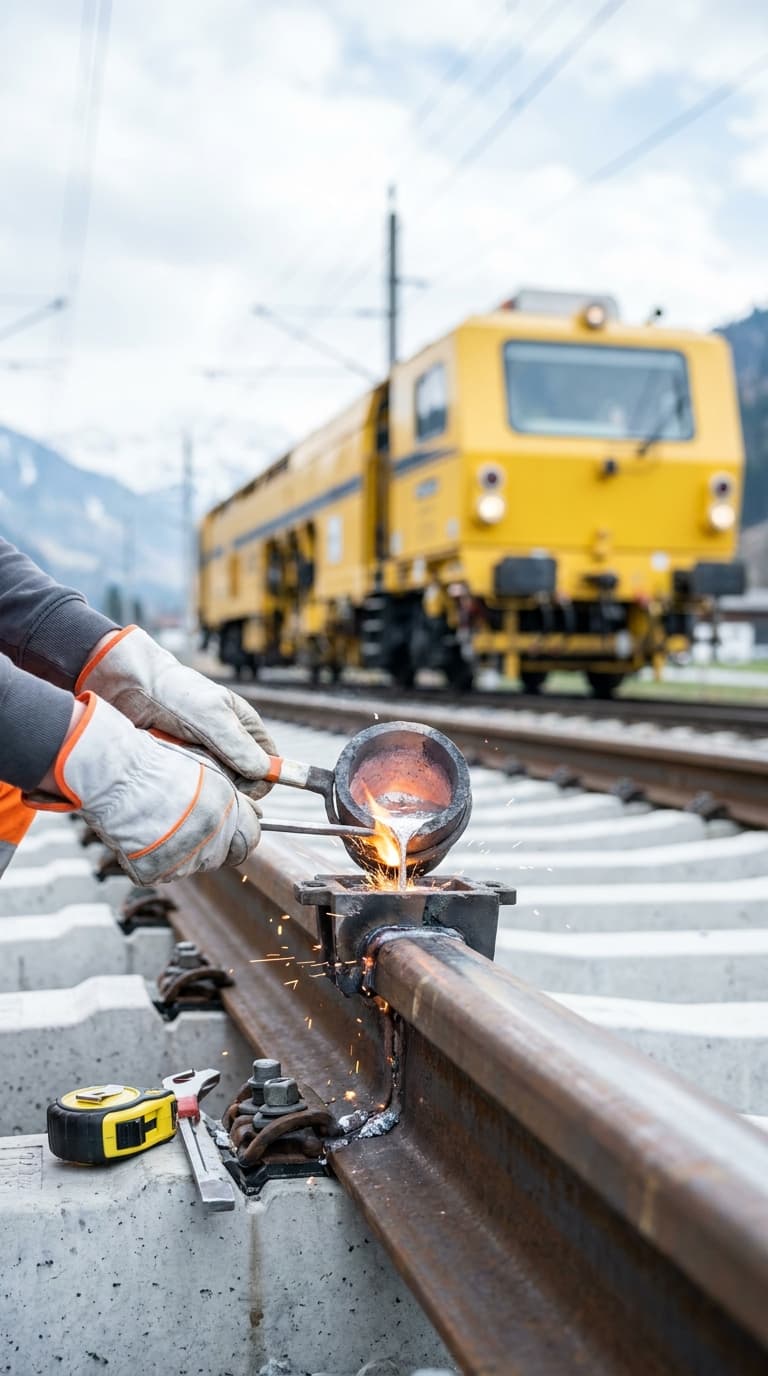 Ein Gleisbauer gießt flüssiges Metall in eine Form auf der Schiene, im Hintergrund steht ein gelber Arbeitszug.