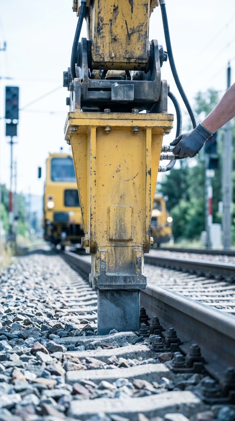 Eine Hand in Arbeitshandschuhen führt einen gelben Hydraulikhammer im Gleisbett an einer Bahnschiene.