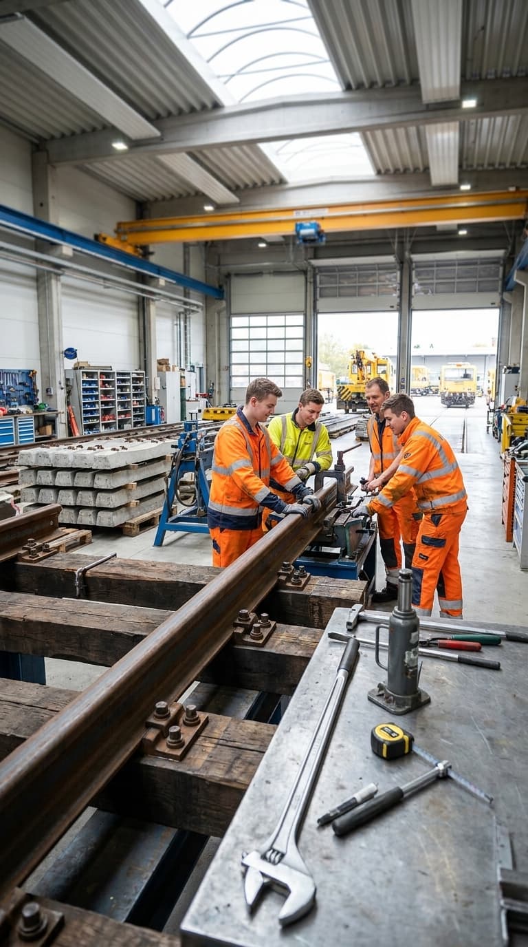 Vier Gleisbauer in orangefarbener Arbeitskleidung bearbeiten eine Bahnschiene in einer Werkstatthalle.