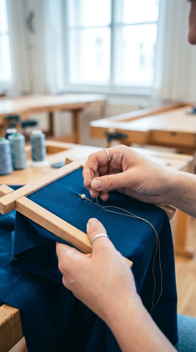 Eine Person stickt mit Nadel und Faden eine Perle auf blauen Stoff in einem hölzernen Stickrahmen.