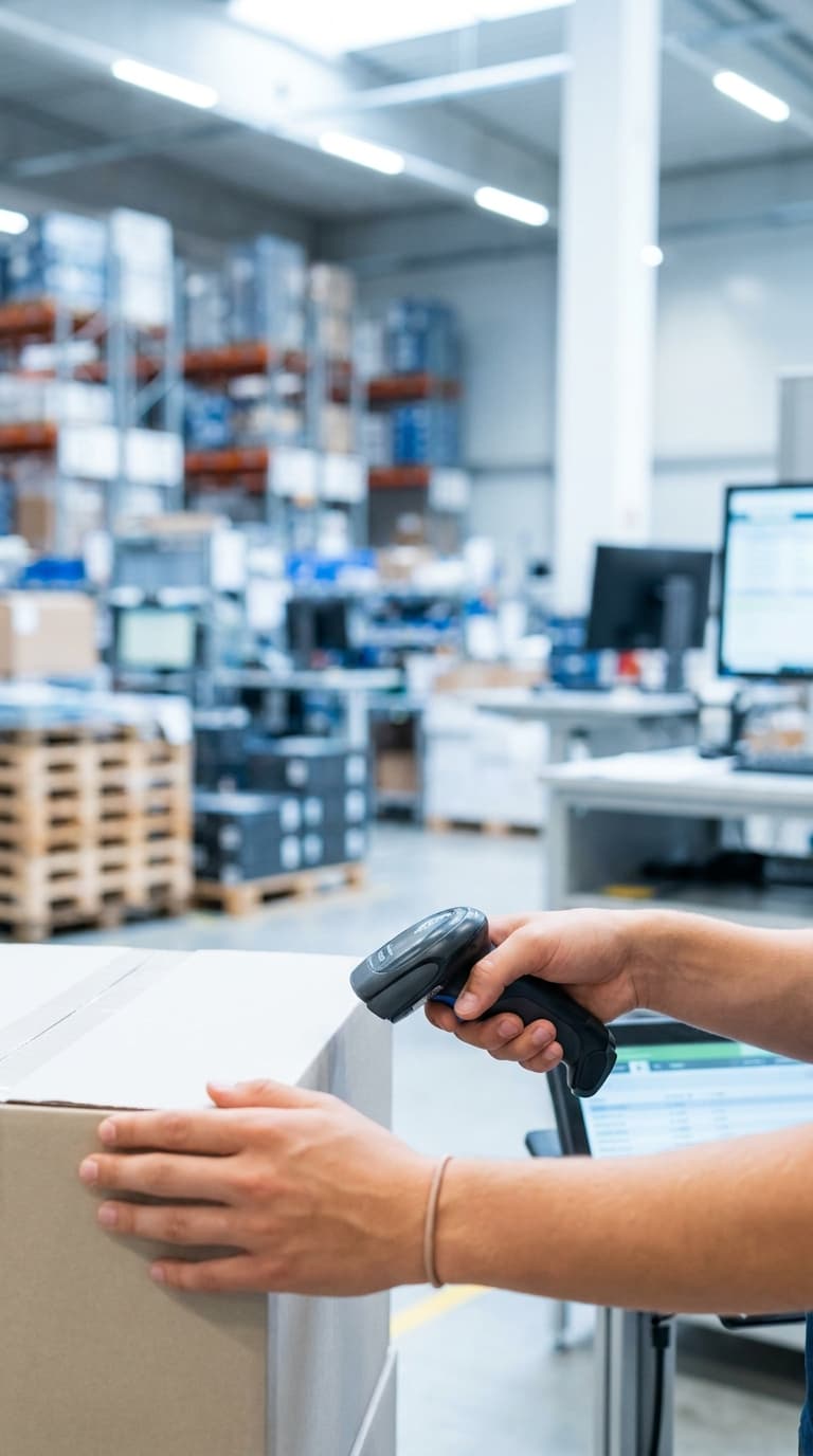 Eine Person scannt mit einem Handscanner einen Karton in einer Lagerhalle.