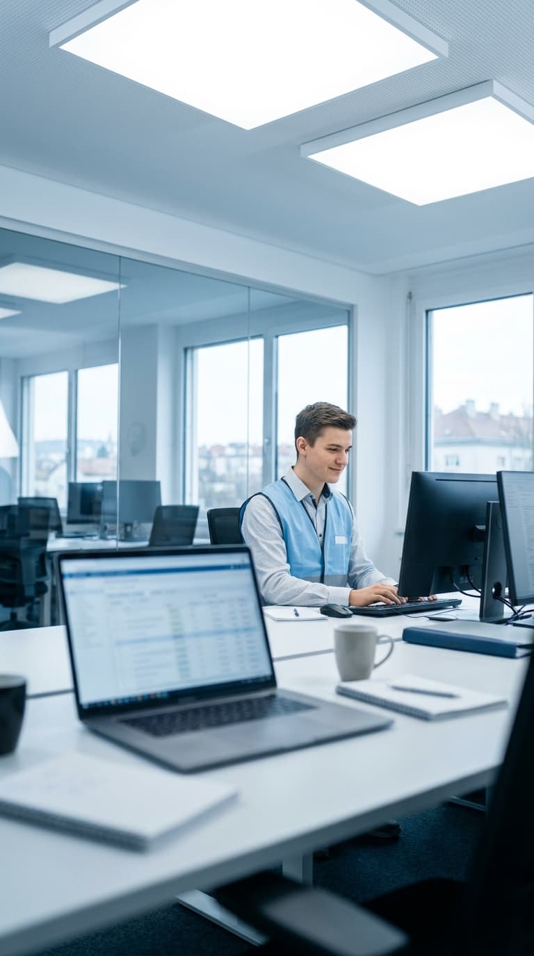 Ein Lehrling arbeitet konzentriert am Computer in einem hellen, modernen Büro.