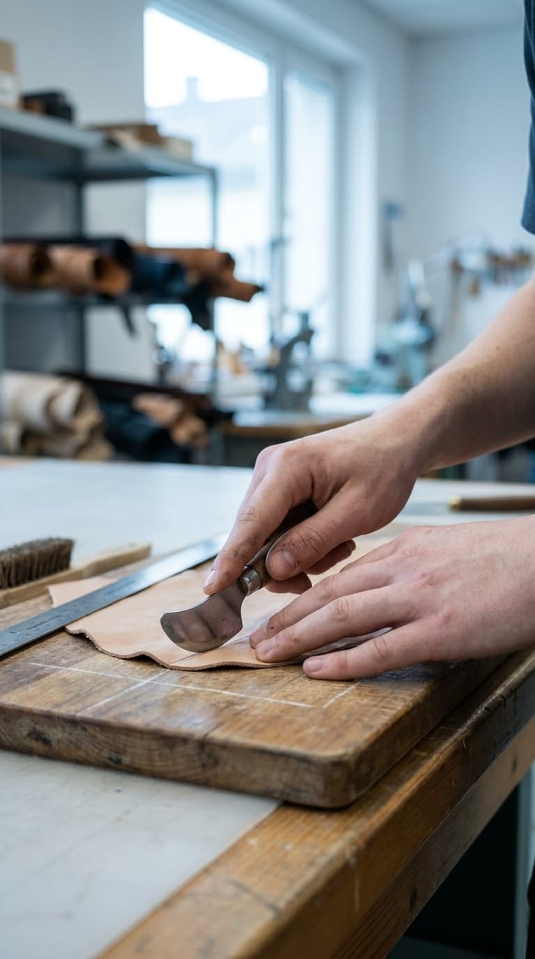 Ein Lederhandwerker schneidet mit einem Halbmondmesser Leder auf einem Holzbrett.