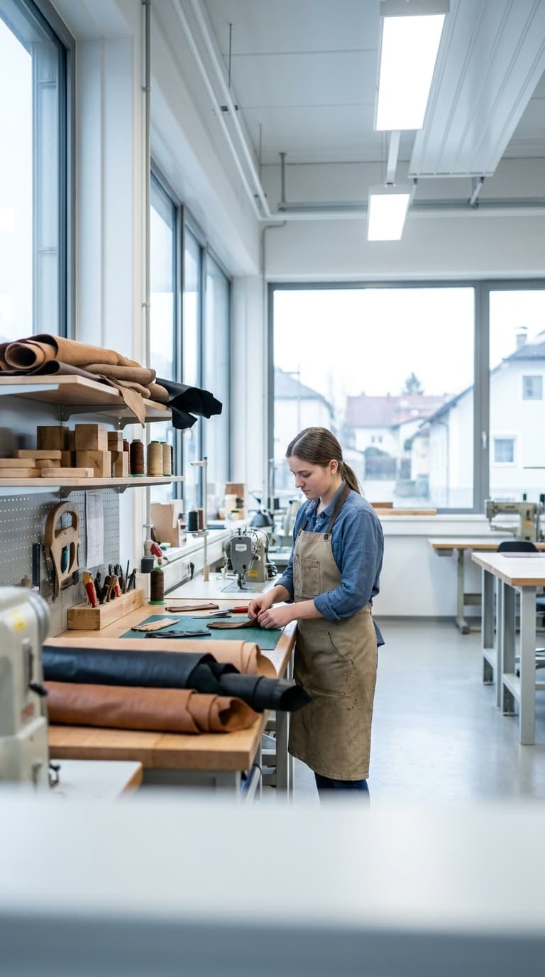 Eine Lederhandwerkerin bearbeitet Lederstücke an einem Werktisch in einer hellen Werkstatt mit großen Fenstern.