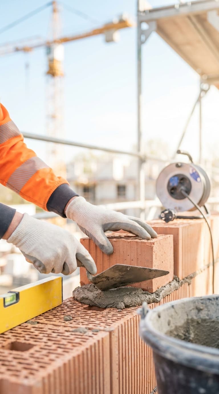 Ein Maurer setzt auf einer Baustelle einen Ziegelstein mit einer Kelle in den Mörtel.