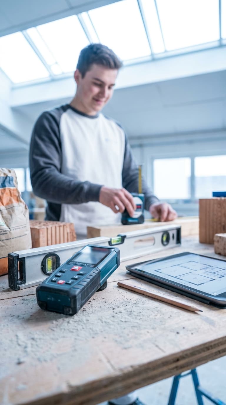 Ein Handwerker misst Holz; im Vordergrund liegen Lasermessgerät, Wasserwaage und ein Tablet mit Bauplan.