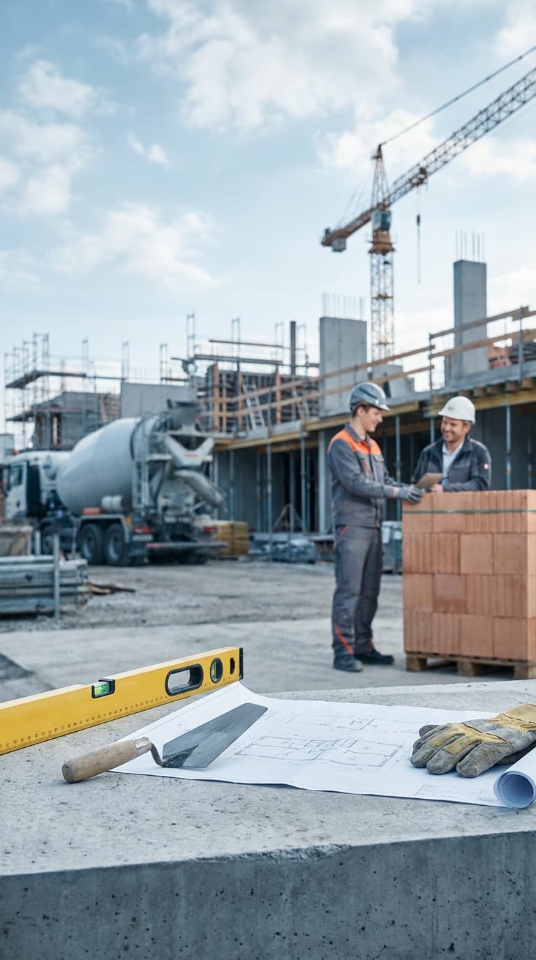 Bauplan, Kelle und Wasserwaage im Vordergrund einer Baustelle, auf der sich zwei Bauarbeiter unterhalten.
