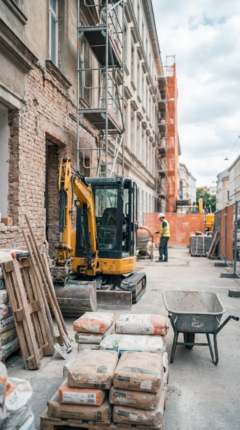 Gelber Minibagger, Zementsäcke und eine Schubkarre auf einer Baustelle in einer Stadtstraße mit einem Bauarbeiter.