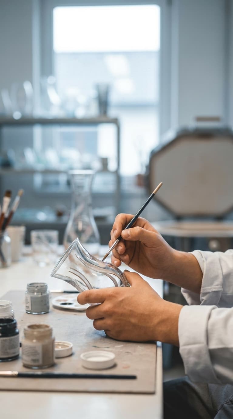 Eine Person bemalt ein Glasgefäß mit feinem Pinsel an einem Arbeitstisch.