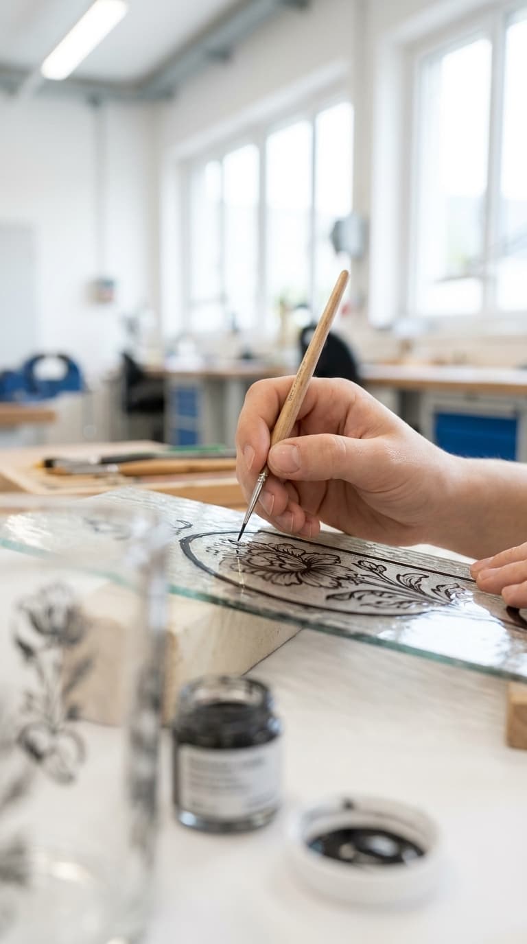 Eine Hand zeichnet beim Glasmalen mit einem feinen Pinsel ein Blumenmuster auf eine Glasscheibe.
