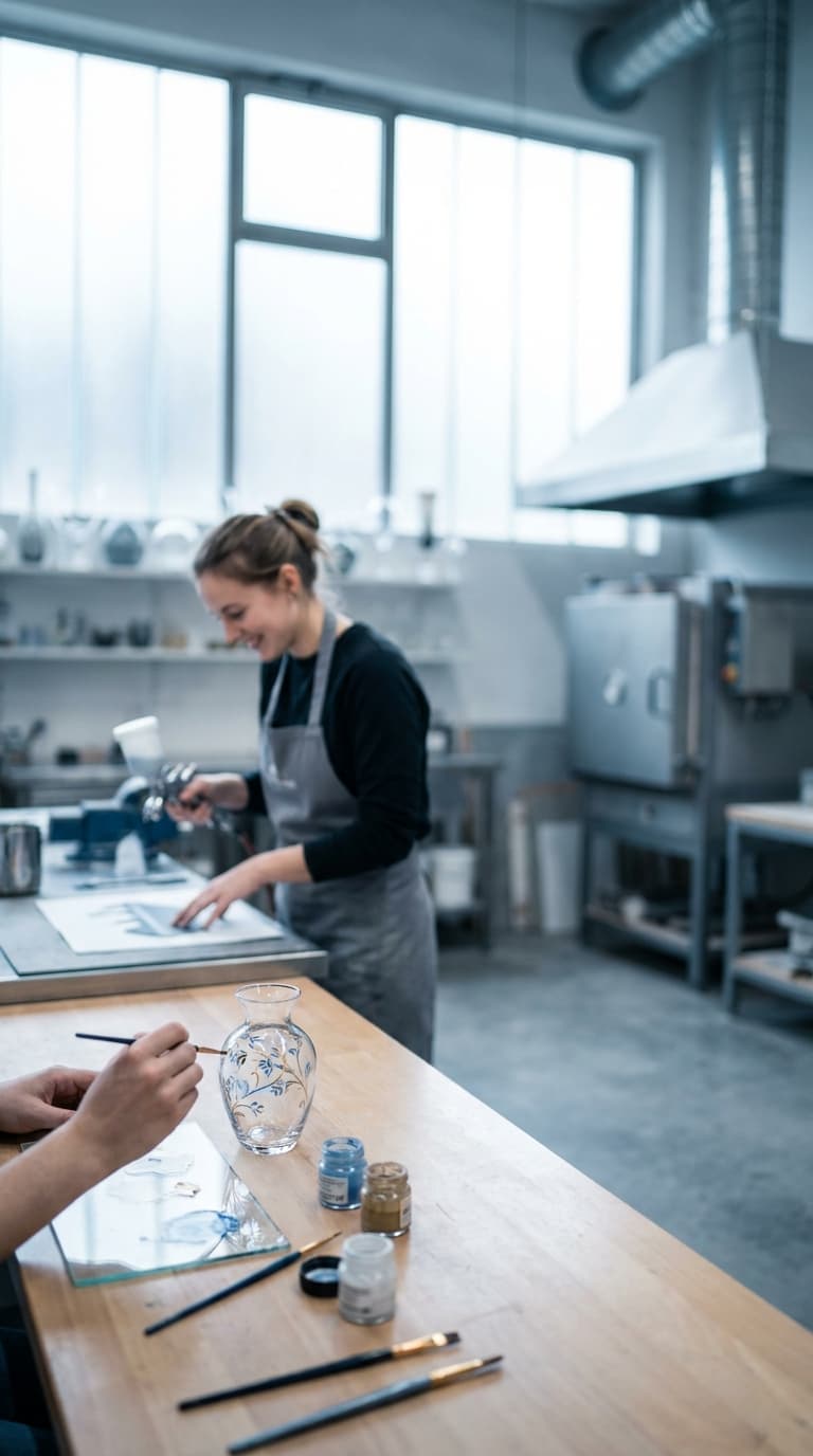 Eine Hand bemalt eine Glasvase, im Hintergrund arbeitet eine Glasgestalterin in einer hellen Werkstatt.