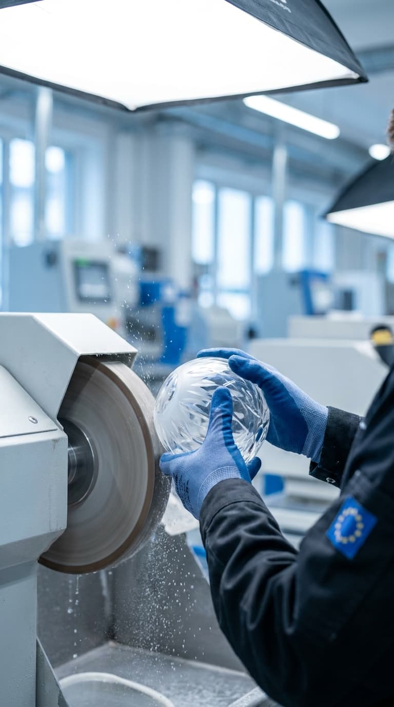 Ein Glasveredler schleift eine verzierte Glaskugel an einer rotierenden Schleifscheibe in einer Werkstatt.