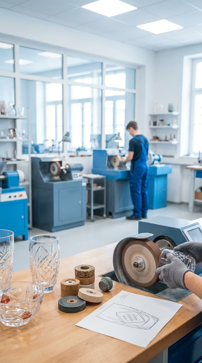 Ein Glasschleifer schleift ein Kristallglas an einer Schleifmaschine; im Hintergrund arbeitet ein weiterer Kollege.