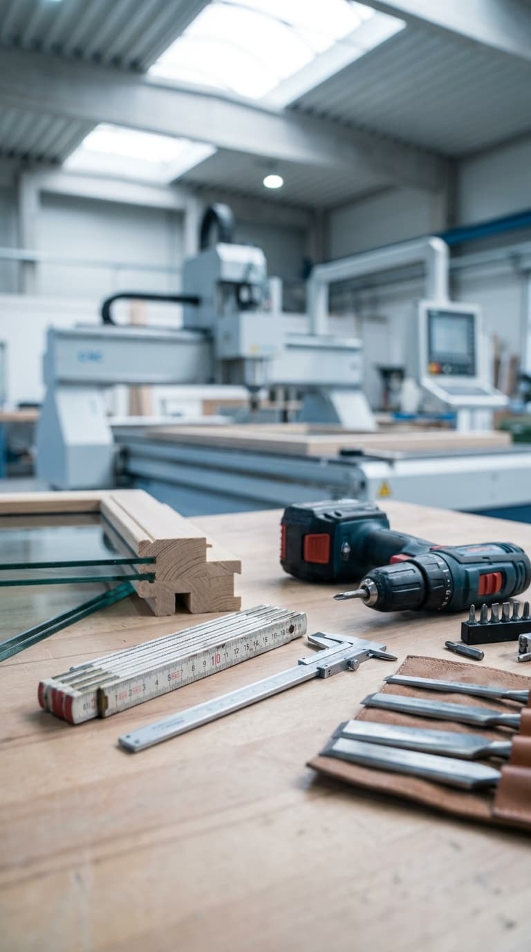 Akkuschrauber, Messschieber und Stechbeitel auf einer Werkbank vor einer CNC-Maschine in einer Holzwerkstatt.
