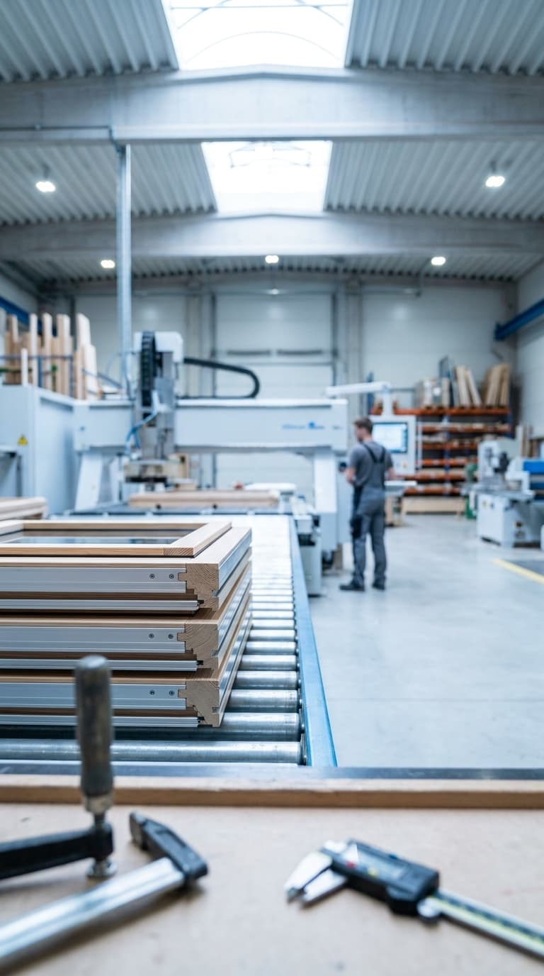 Holzfensterrahmen auf einer Rollenbahn in einer Werkstatt, im Hintergrund arbeitet ein Tischler an einer CNC-Maschine.