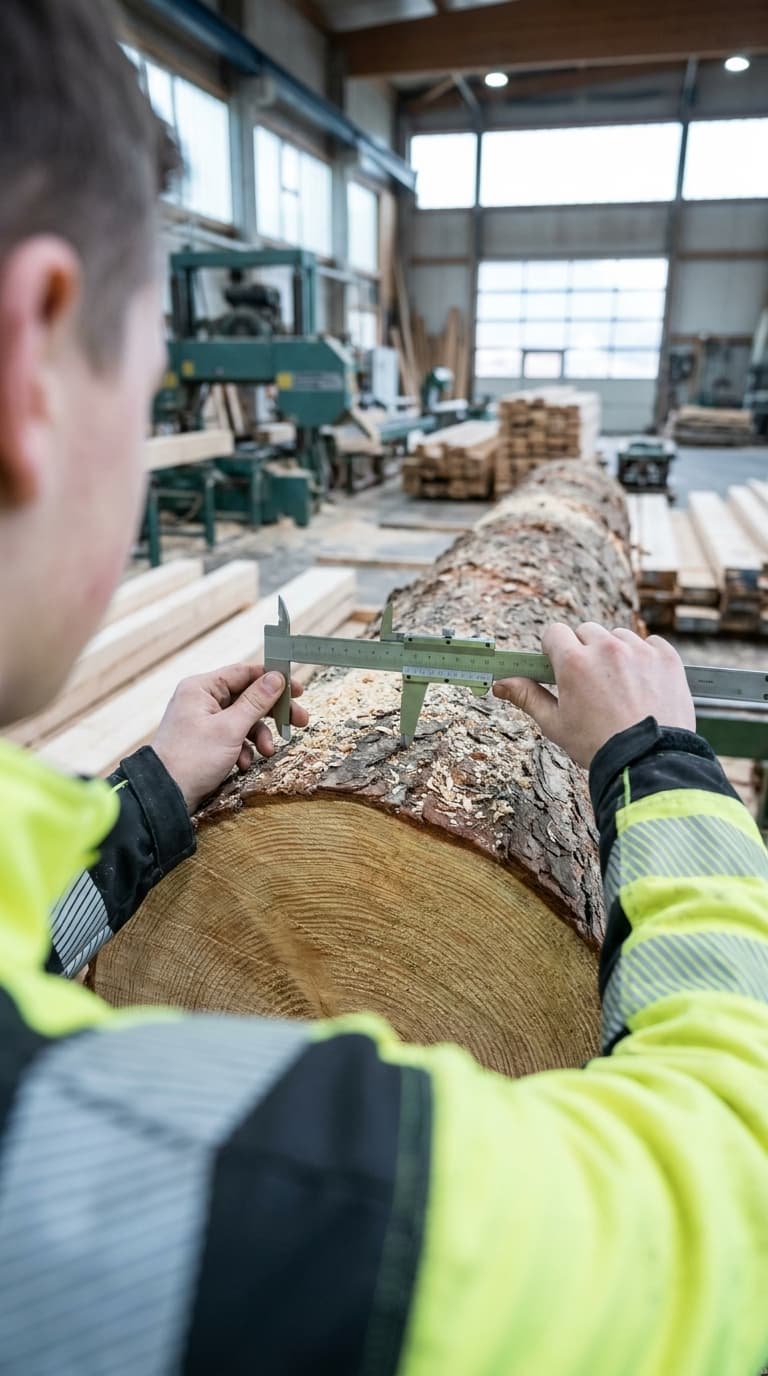 Ein Arbeiter in Warnkleidung misst mit einer großen Messkluppe den Durchmesser eines Baumstamms im Sägewerk.
