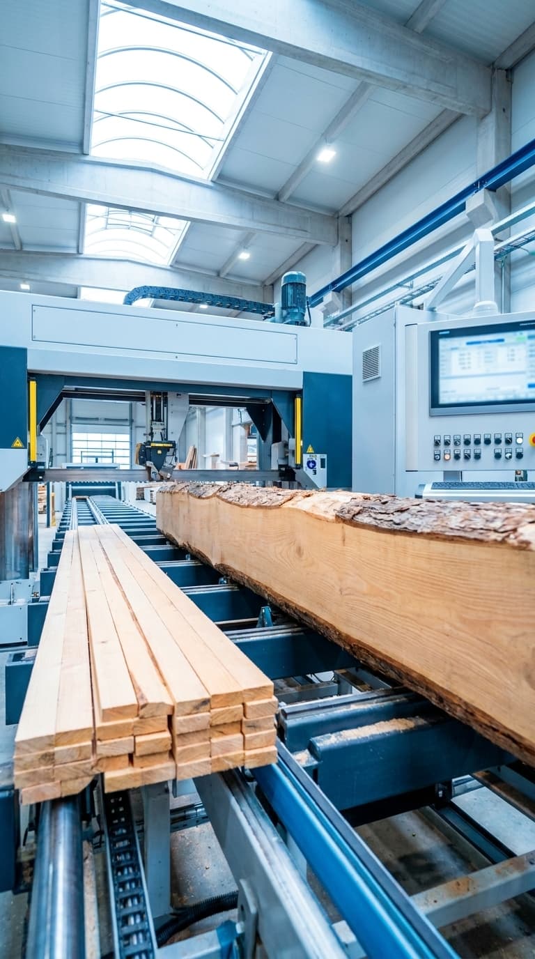 Ein großer Baumstamm und fertige Holzbretter auf Förderbändern einer modernen Sägemaschine.