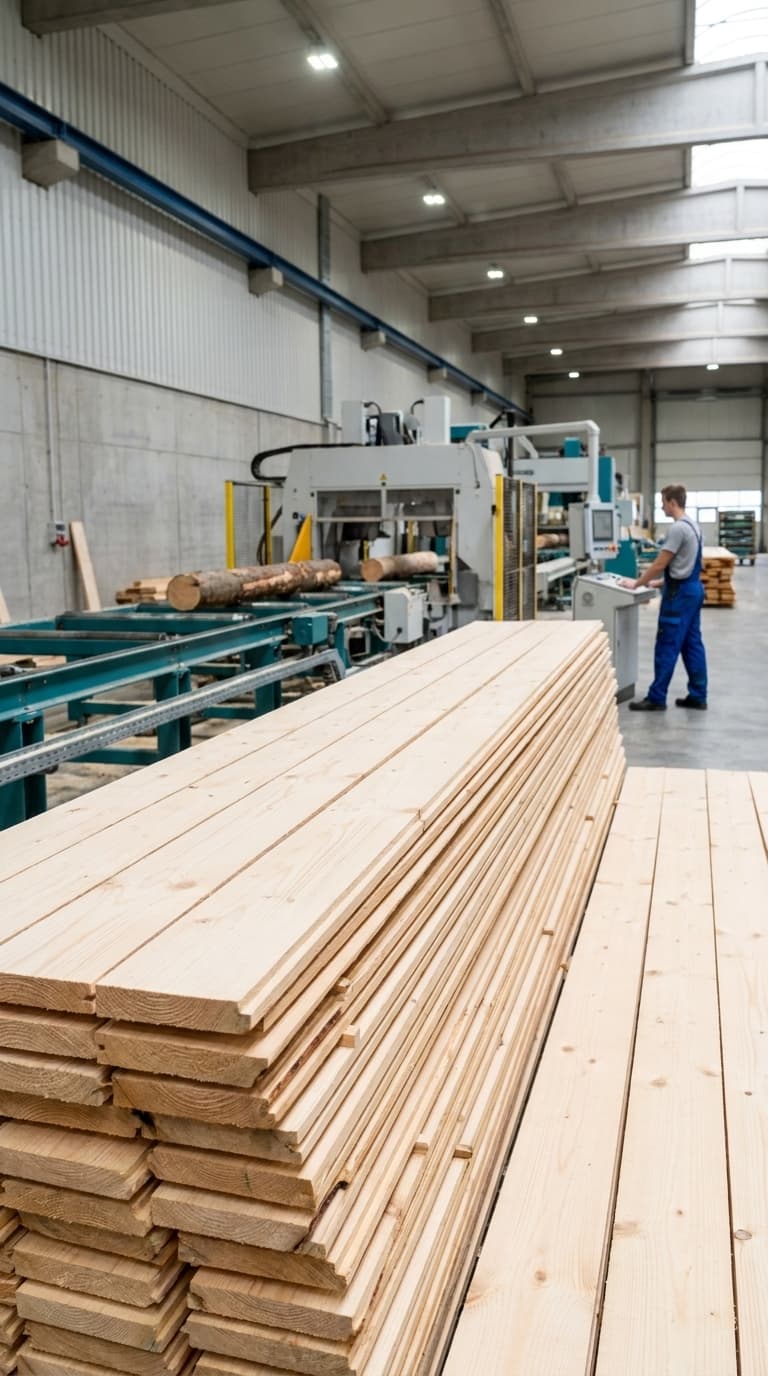 Ein Holzbearbeitungsmechaniker bedient eine Maschine im Sägewerk hinter einem Stapel frisch geschnittener Bretter.
