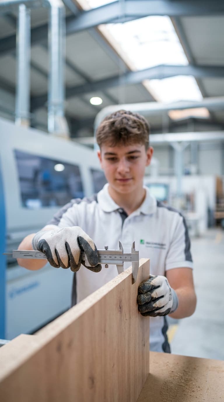 Ein junger Tischler misst mit einem Messschieber die Dicke einer Holzplatte in einer Werkstatt.