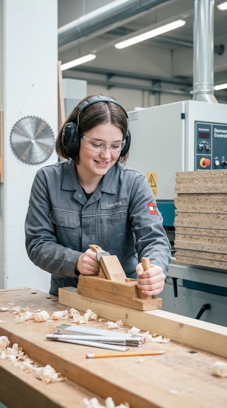 Ein Lehrling mit Schutzbrille und Gehörschutz hobelt ein Holzbrett an einer Werkbank in einer Tischlerei.