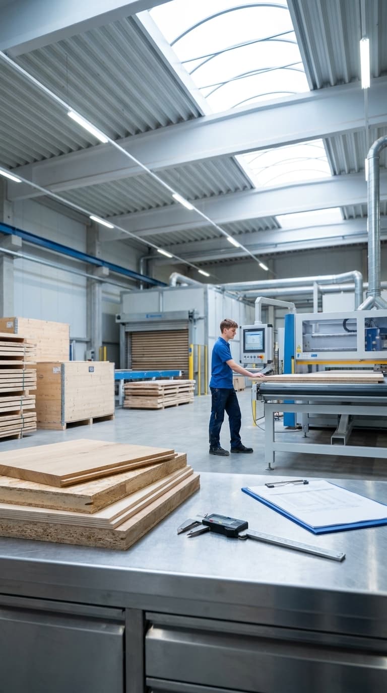 Ein Holzmechaniker bedient eine Maschine in einer Werkhalle, im Vordergrund liegen Holzplatten und ein Messschieber.