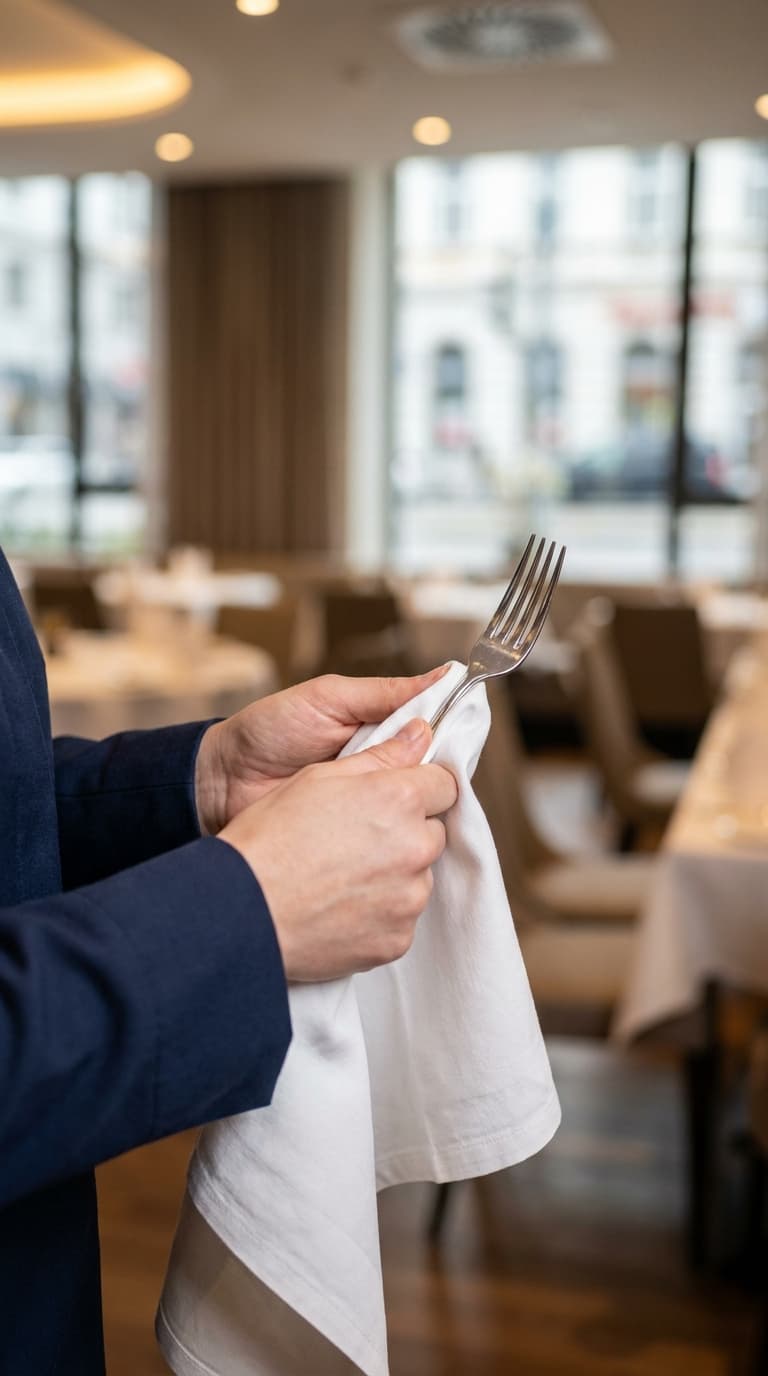 Eine Restaurantfachkraft poliert eine Gabel mit einem weißen Tuch im Restaurant.