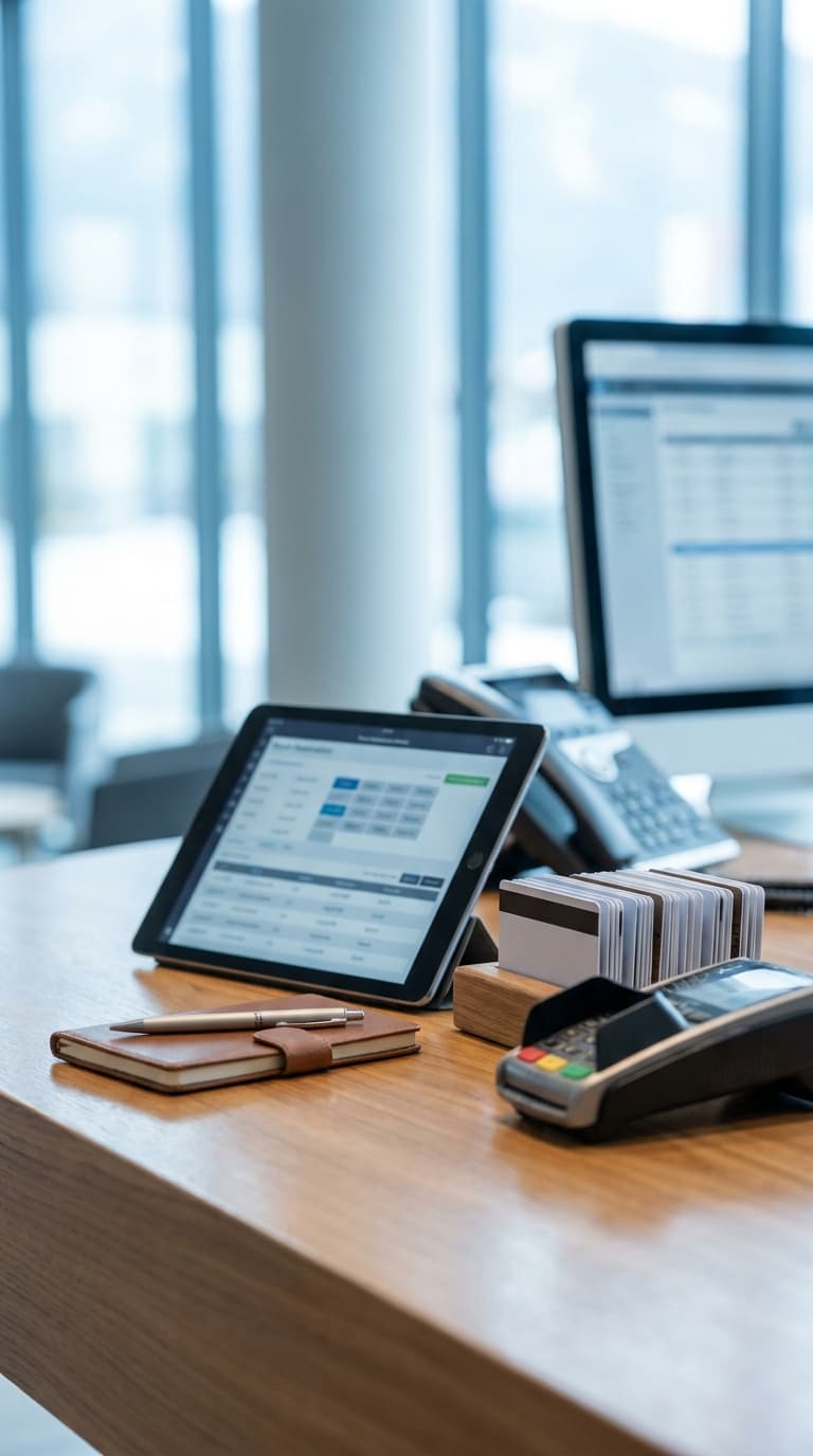 Ein Tablet, Bezahlterminal, Plastikkarten und ein Notizbuch liegen auf einem hölzernen Empfangstresen.
