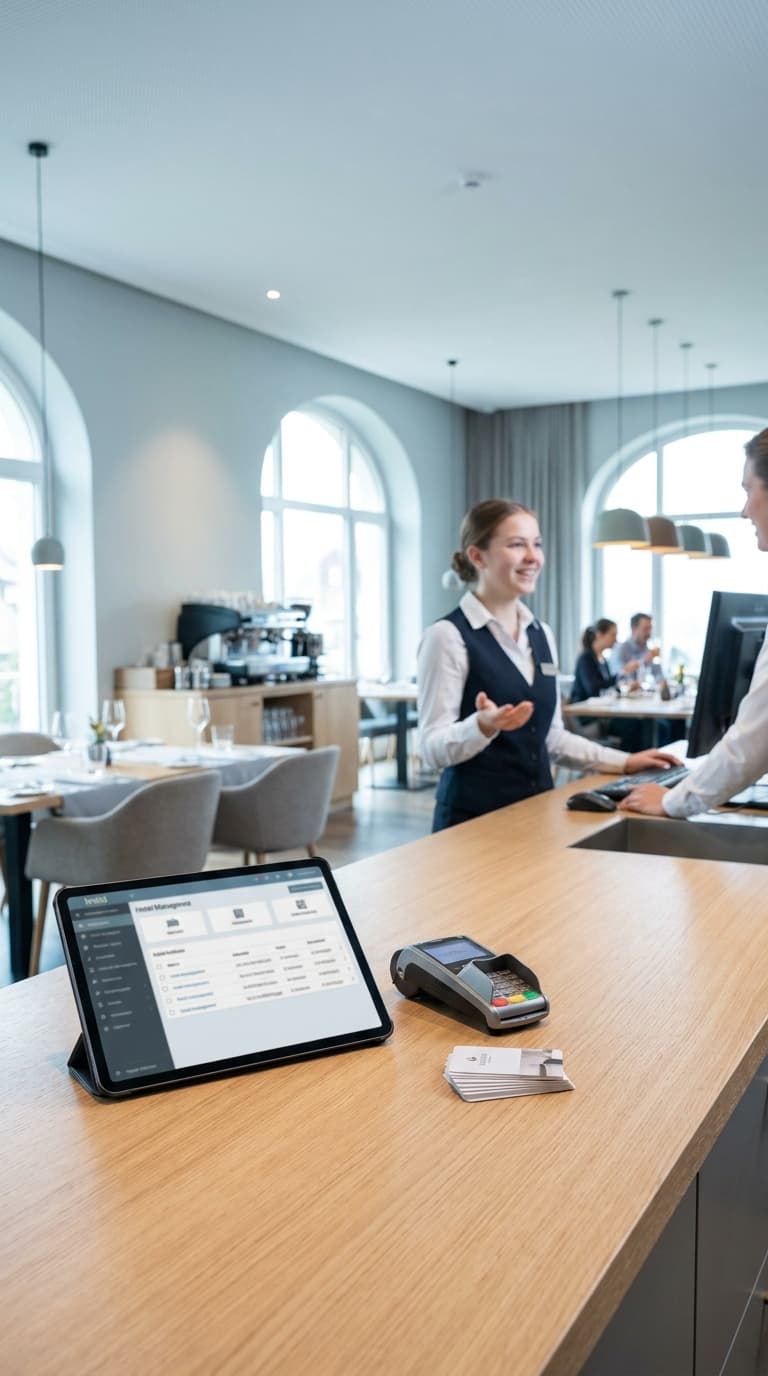 Eine Servicekraft lächelt hinter einem Tresen mit Tablet und Kartenterminal im Restaurant.