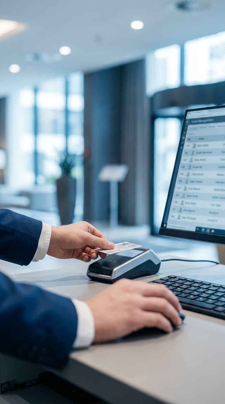 An einer Hotelrezeption hält eine Person eine Karte an ein Terminal und bedient die Computermaus.