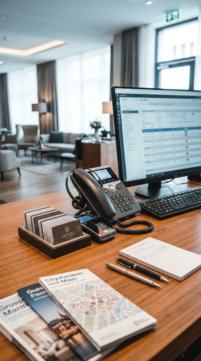 Hotelrezeption mit Computerbildschirm, Telefon, Zimmerkarten und Prospekten auf einem Holzschreibtisch.