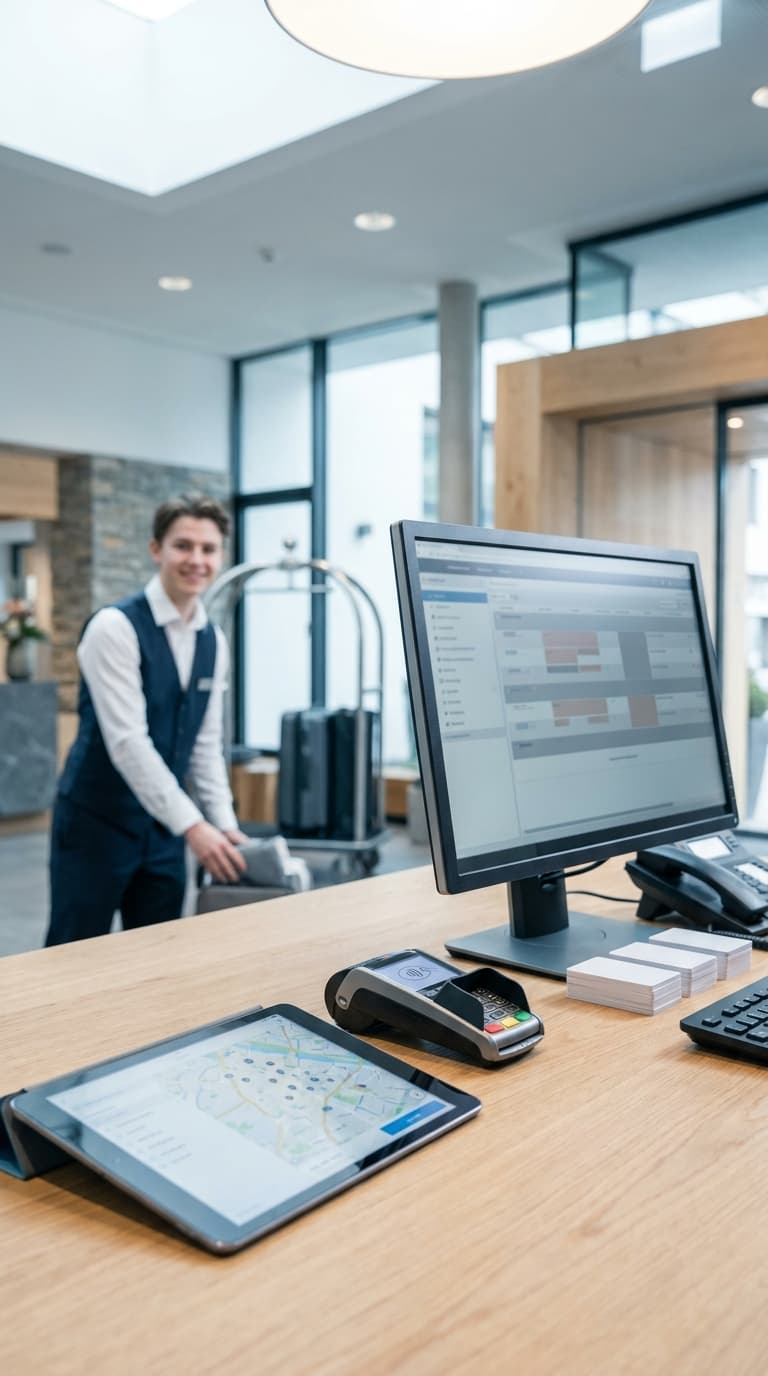 Hotelfachmann lächelt im Foyer neben einem Gepäckwagen, im Vordergrund die Rezeption mit Computer und Tablet.