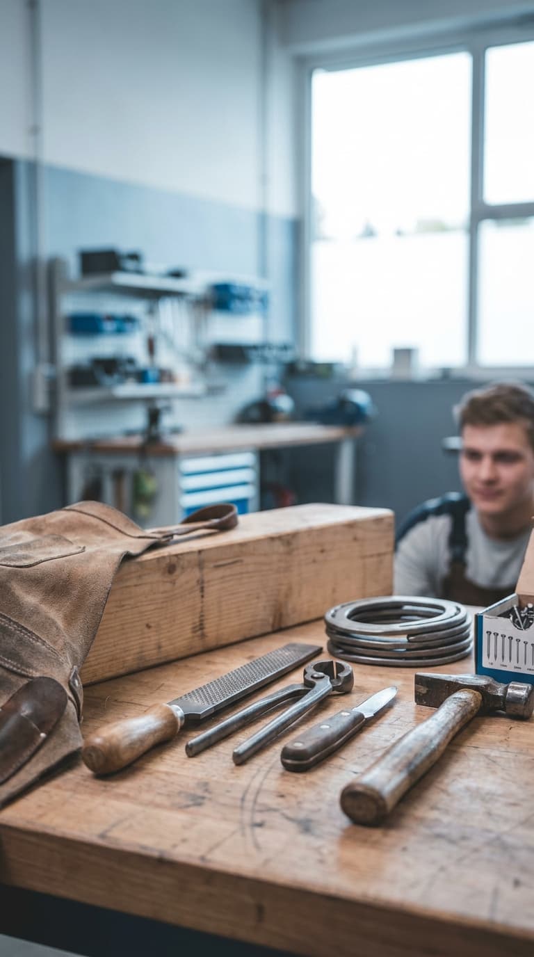 Ein junger Hufschmied blickt auf Werkzeuge wie Raspel, Hufzange, Messer, Hammer und Hufeisen auf einer Werkbank.